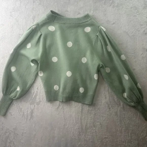 PHILOSOPHY Polka Dot Balloon Sleeve Sweater • Green & White • Size S • Crew Neck - Picture 2 of 5